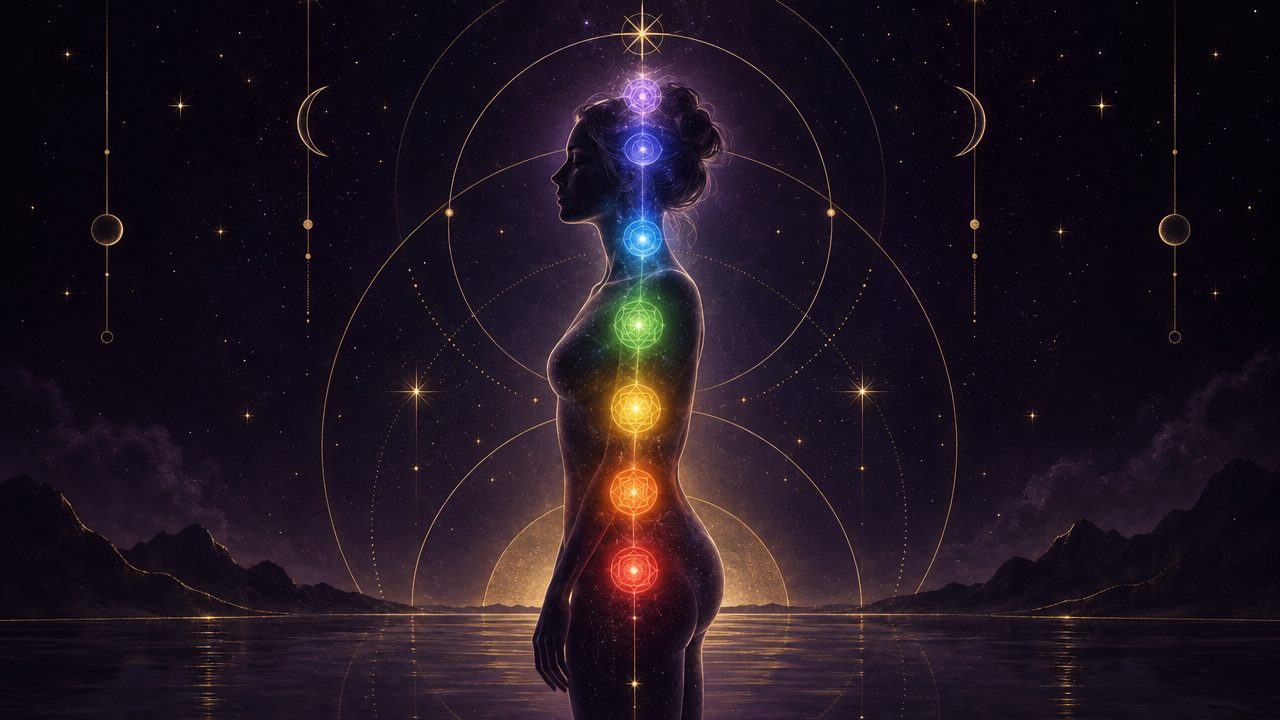 Silhouette with seven colored lights along the spine, from red at the base to violet at the top