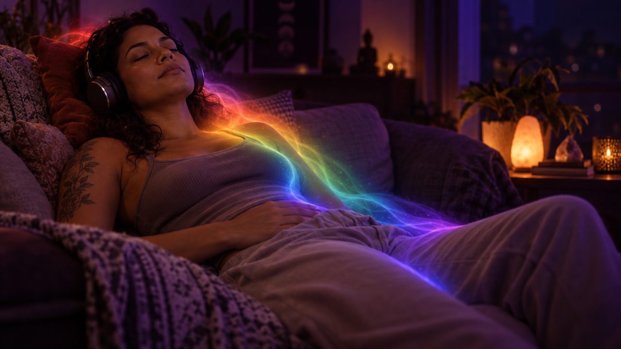 Woman lying down at night, eyes closed, wearing headphones, with a soft light around her body